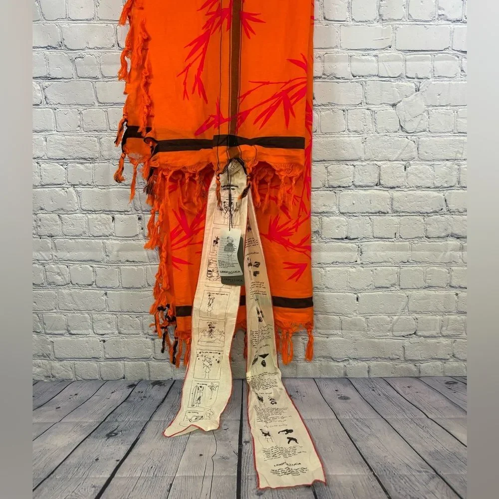 NWT Leigh & Luca Orange Pink Flocked Fine Cotton Hand Printed Tasseled Scarf